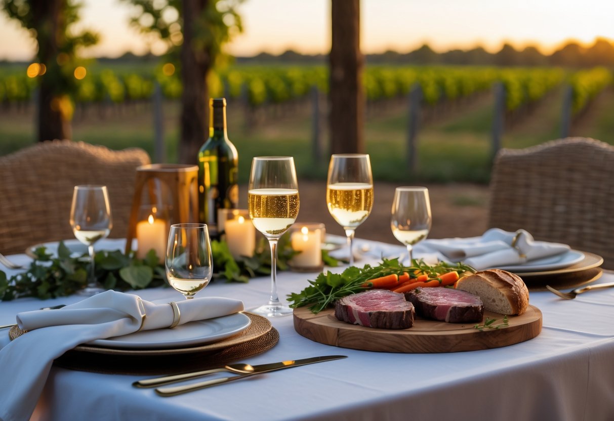 A romantic outdoor dinner table set for two at a vineyard steakhouse with wine, steak, and vegetables under warm evening light.