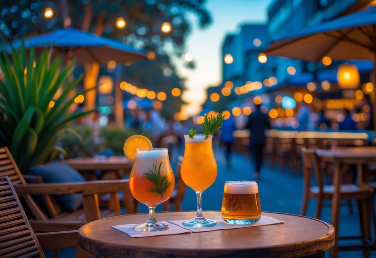 A table for two with cocktails and beers at an outdoor bar in Fremantle during the evening.