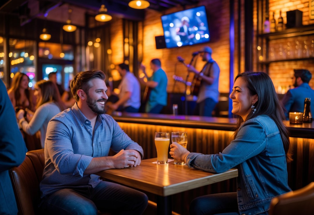 A couple enjoying a live music show at a lively bar with a band performing on stage and people socializing around them.