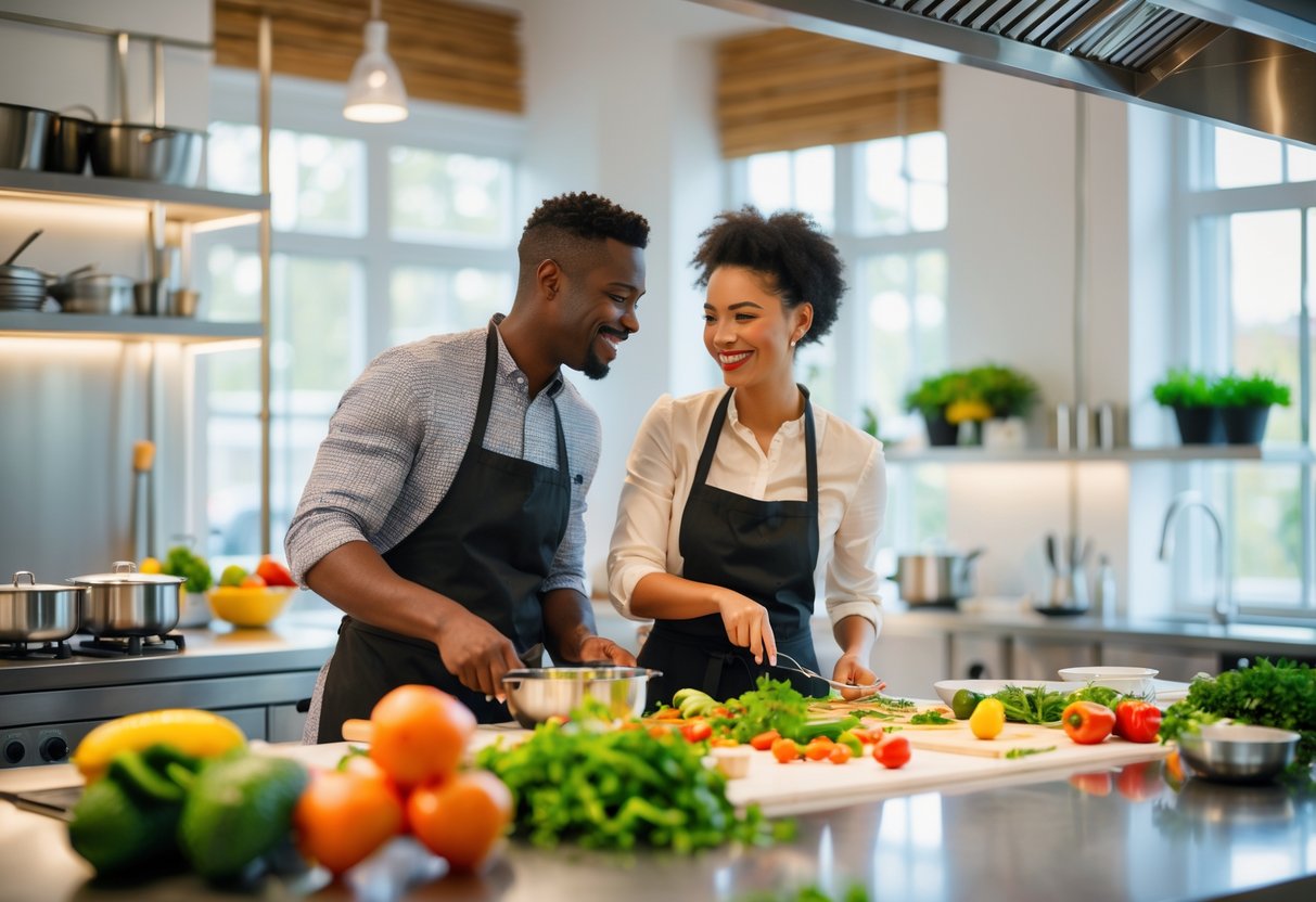 A couple cooking together in a modern kitchen studio, smiling and preparing food with fresh ingredients.