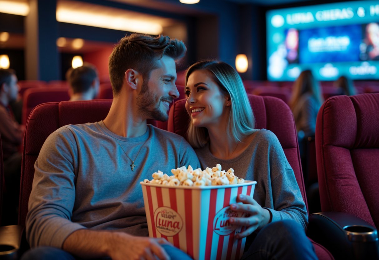 A young couple sitting together in a cinema theater sharing popcorn and watching a movie.