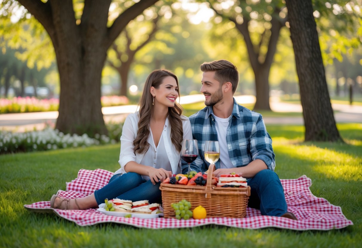 A young couple enjoying a picnic on a blanket in a green park surrounded by trees and flowers.