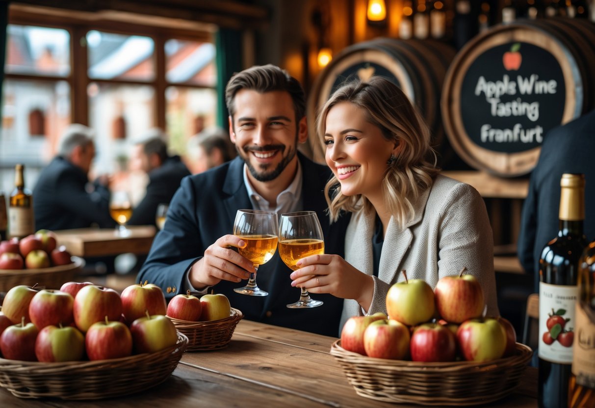 A couple smiling and clinking glasses of apple wine inside a cozy traditional tavern with wooden tables and apple decorations.