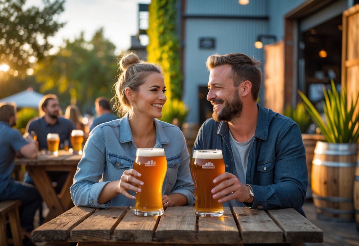 A couple enjoying craft beers together at an outdoor table in a brewery with greenery and industrial buildings in the background.