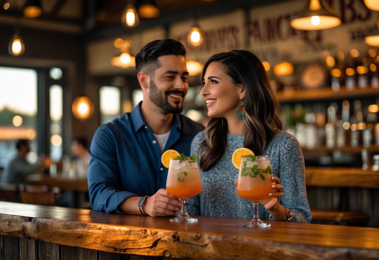 A couple enjoying craft cocktails together at a rustic barbecue restaurant bar.