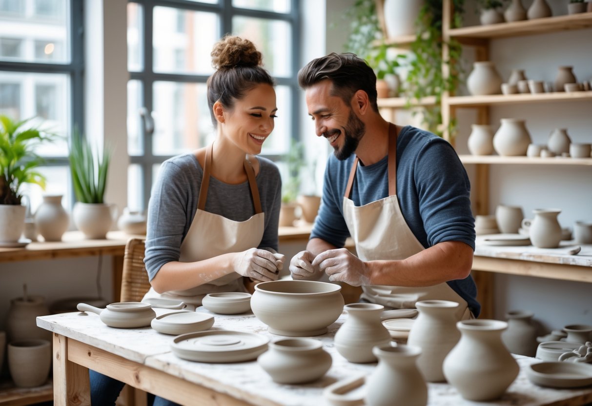 A couple making pottery together in a bright workshop filled with clay and ceramic pieces.