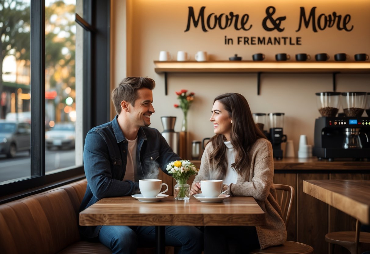 A young couple sitting at a wooden table in a cozy cafe, enjoying coffee and conversation near a large window.