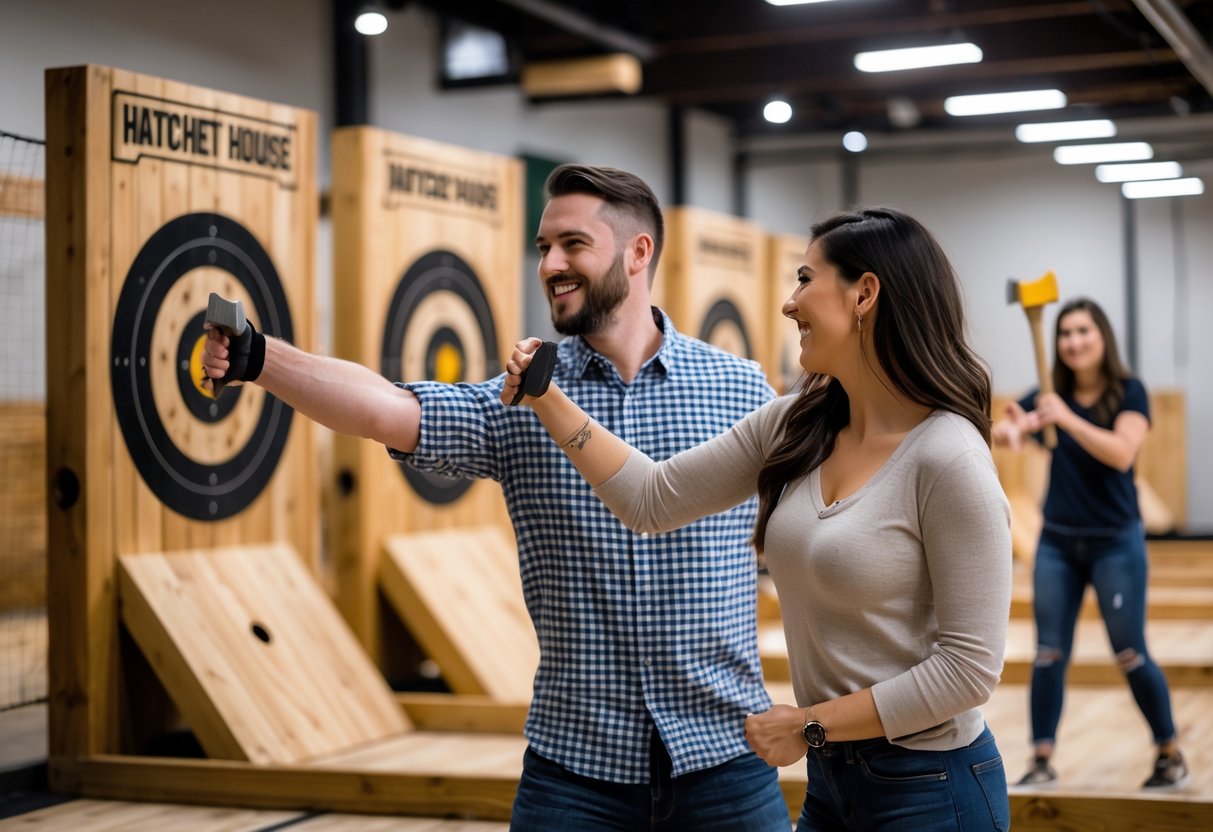 A couple enjoying axe throwing together at an indoor venue with wooden targets in the background.