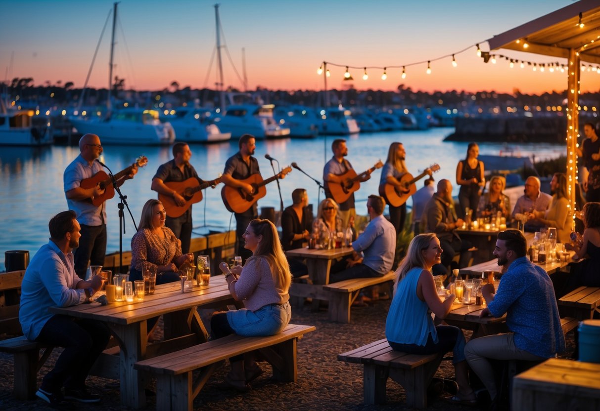 People enjoying live music outdoors at Fremantle Fishing Boat Harbour near the water during sunset.