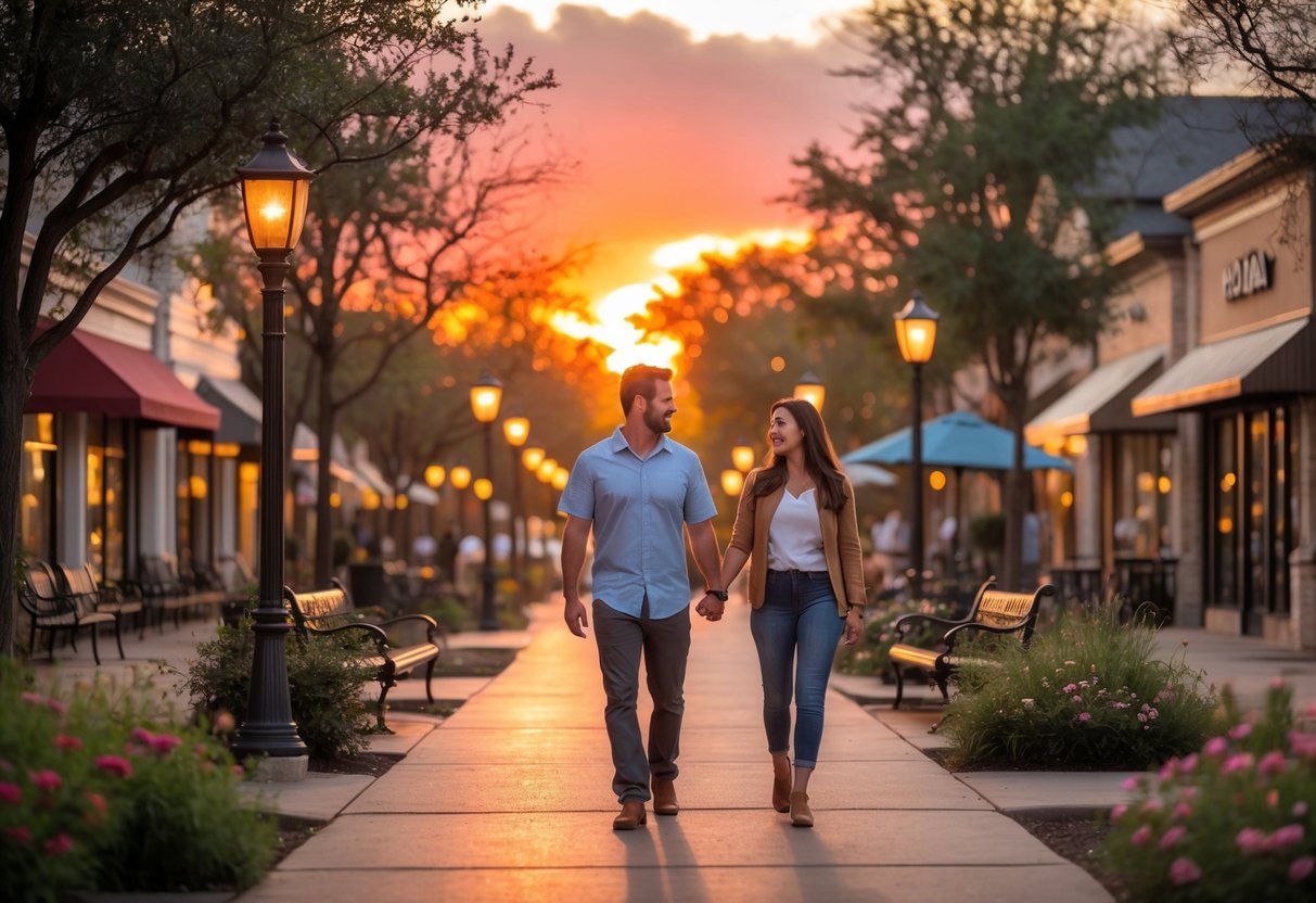 A young couple walking hand-in-hand along a tree-lined pathway at sunset in an outdoor plaza.