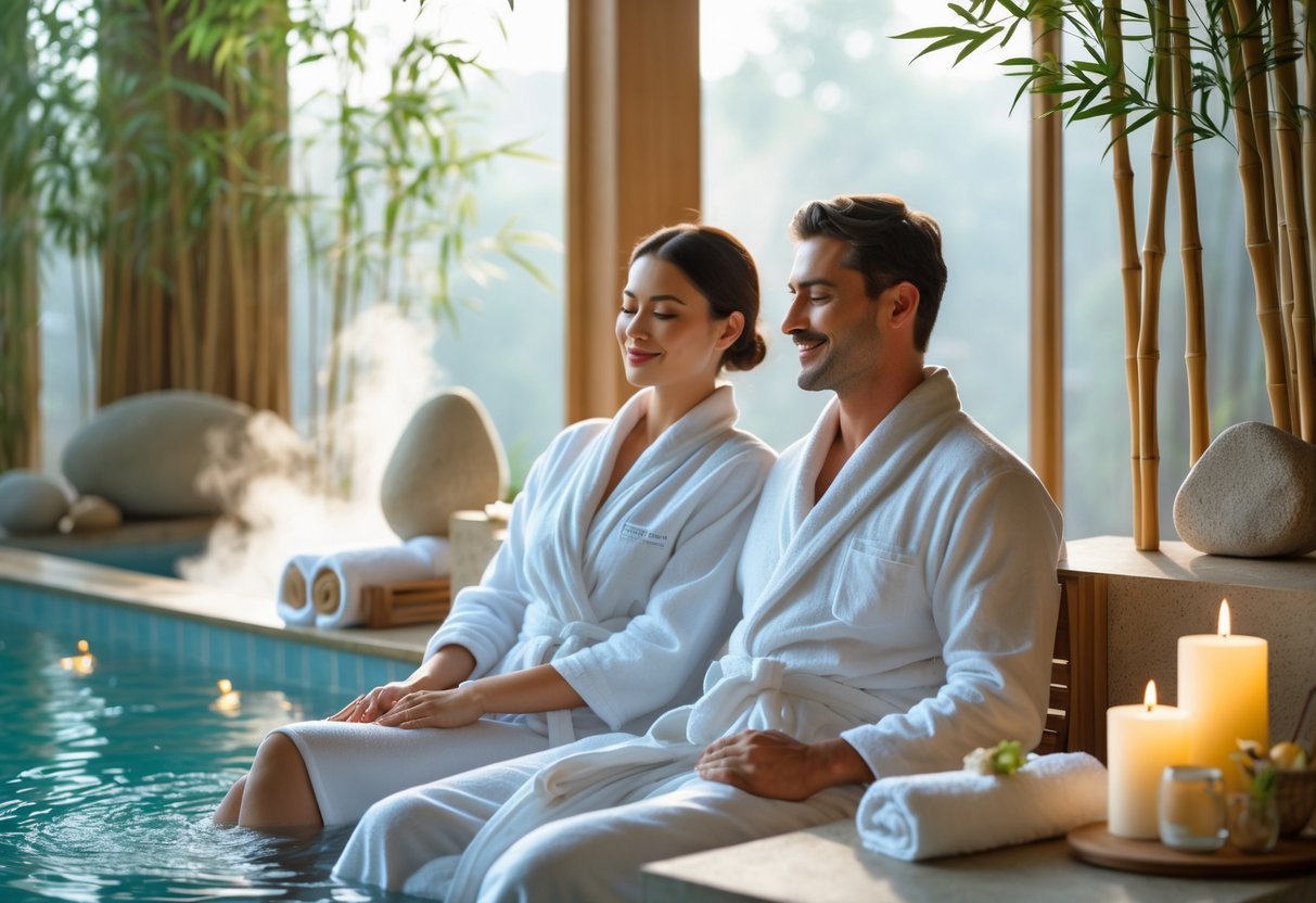 A couple in white robes relaxing together at an indoor spa with a therapist giving a shoulder massage near a softly lit pool.