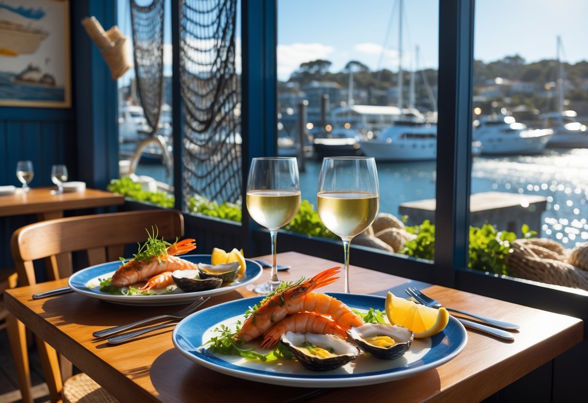 A cozy seafood café table for two by a window overlooking a harbor, with plates of fresh seafood and glasses of white wine.