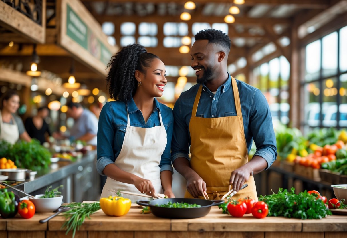 A couple cooking together at a market kitchen counter surrounded by fresh ingredients and market stalls.