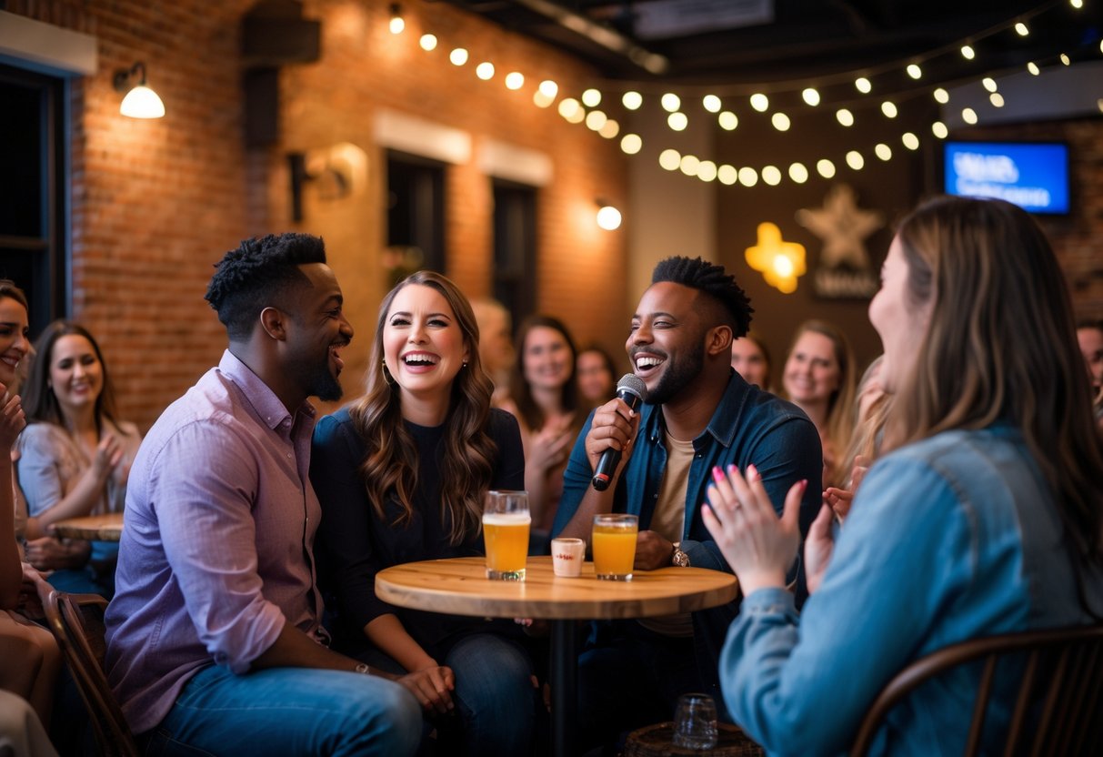A couple laughing and enjoying a comedy show at a small local venue with warm lighting and a comedian performing on stage.