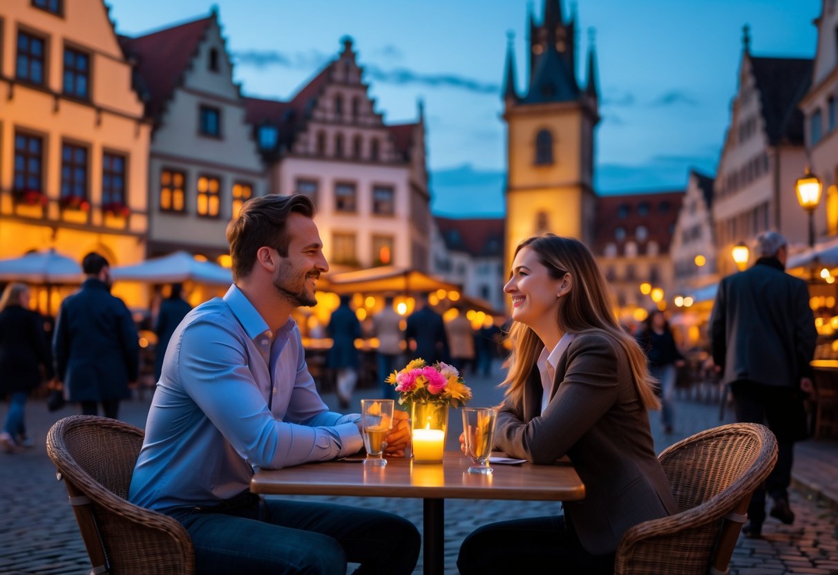 A couple enjoying a romantic evening at an outdoor café near historic buildings in Frankfurt.