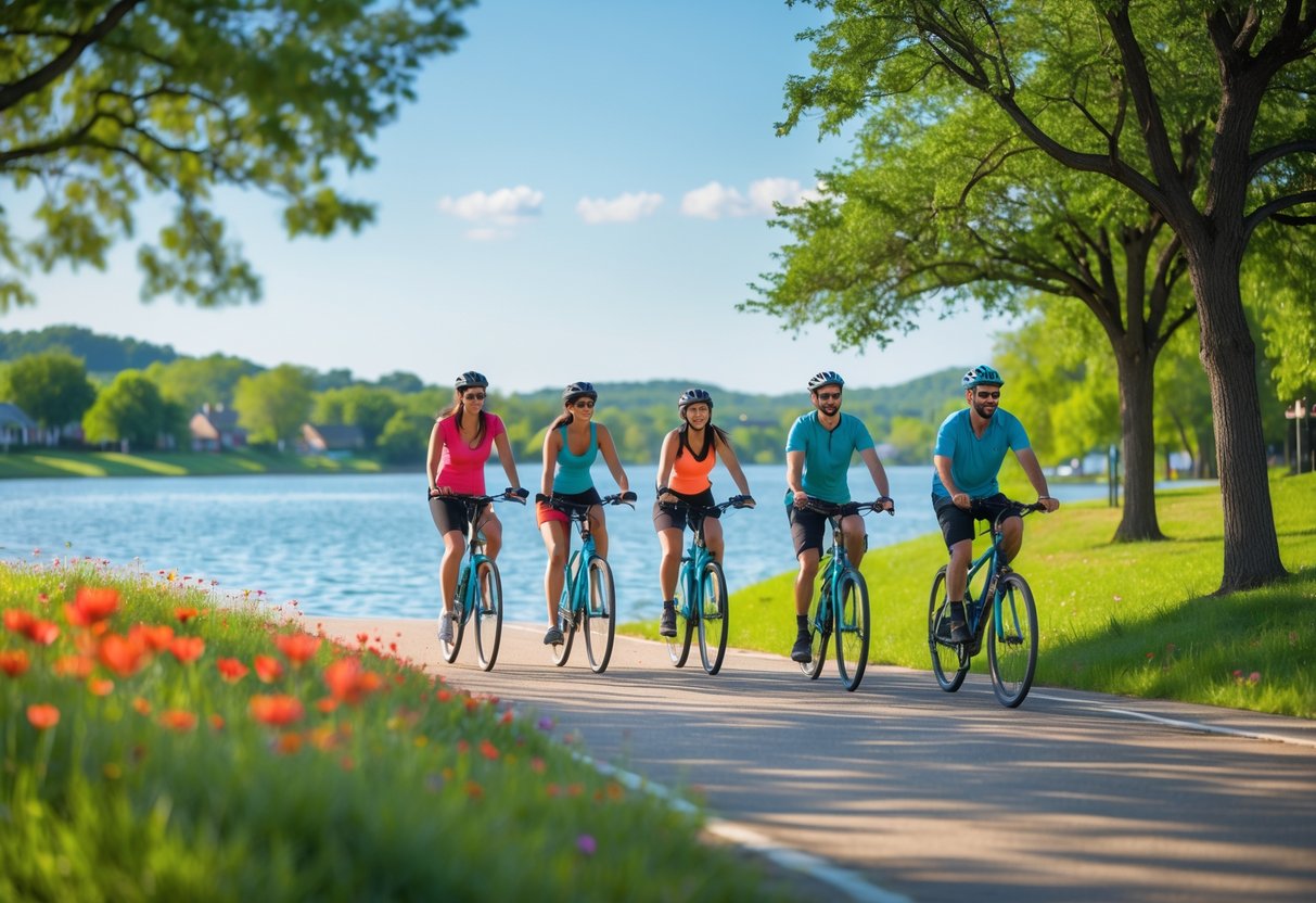 A group of young adults riding bicycles along a lakeside trail surrounded by trees and wildflowers next to a calm lake under a clear sky.