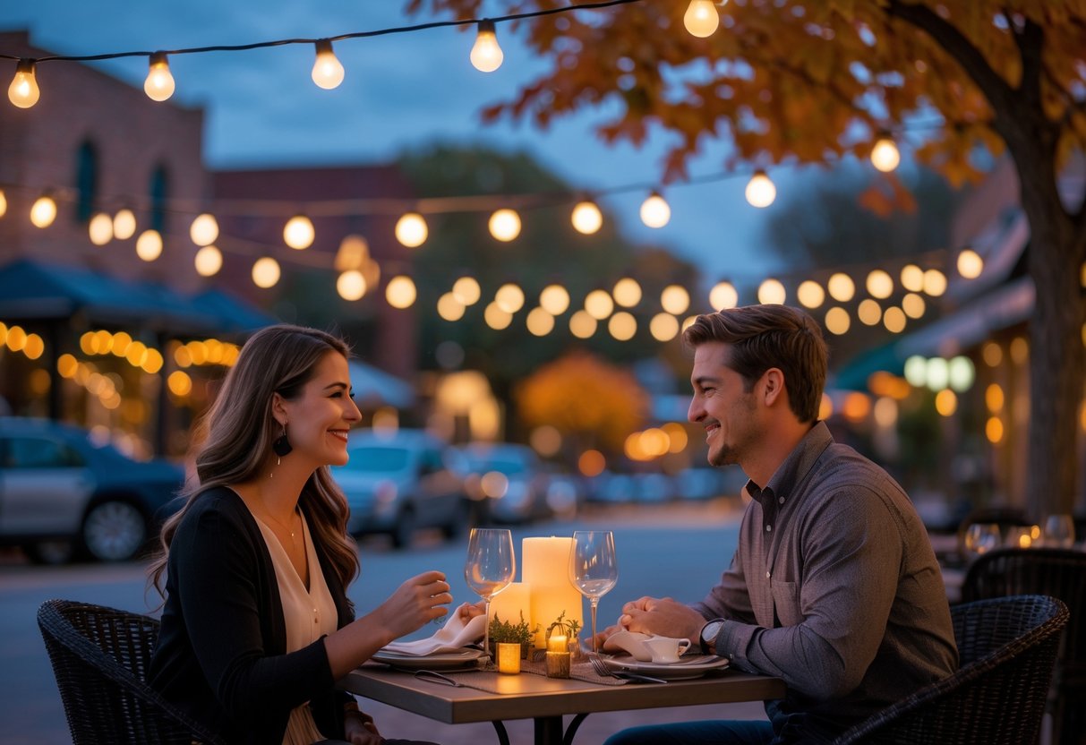 A young couple enjoying a romantic outdoor dinner at night with string lights and autumn leaves in the background.