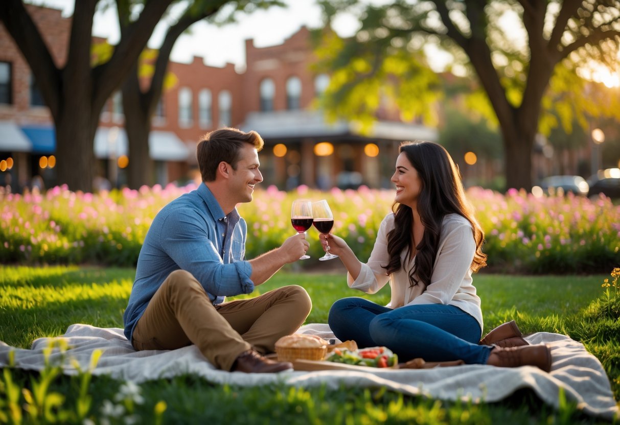 A young couple sharing a picnic together in a park with trees and flowers, with a small town visible in the background.