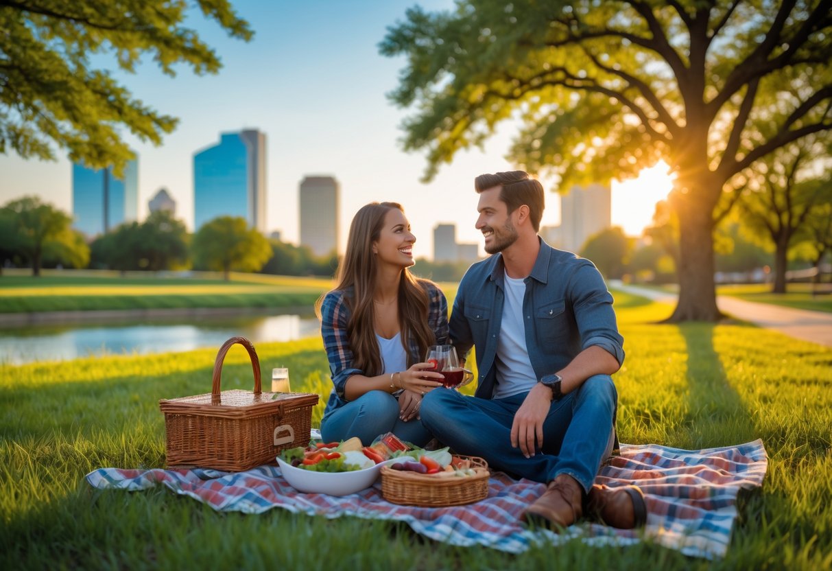 A young couple enjoying a picnic together in a sunny park with trees and city buildings in the background.