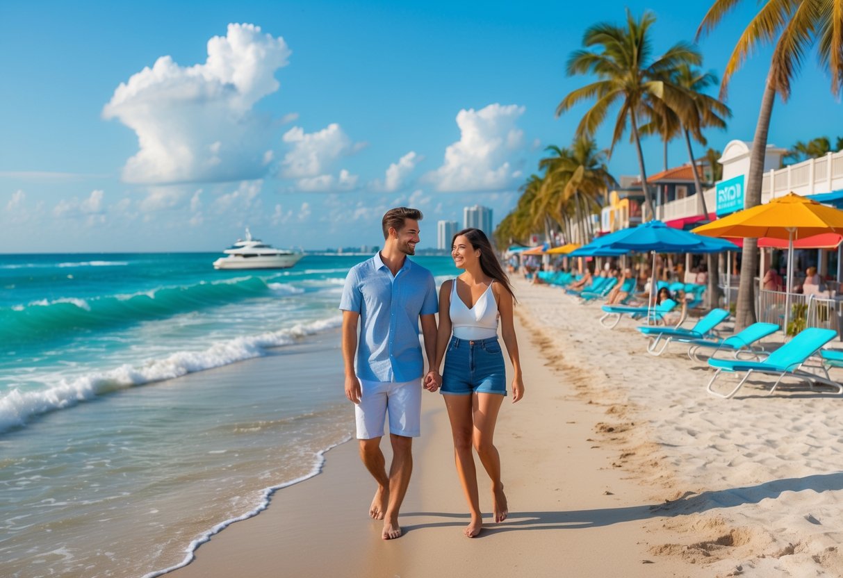 A young couple holding hands and walking barefoot on a sunny Fort Lauderdale beach with palm trees, ocean waves, and a boat in the background.