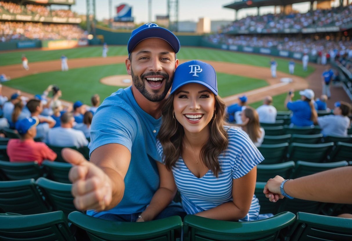 A couple sitting together in the stands at a baseball game, smiling and watching the players on the field at Dr Pepper Ballpark.