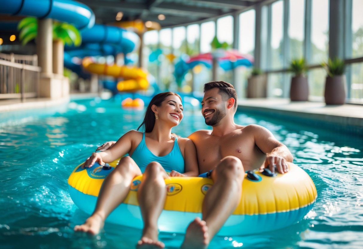 A couple floating together on an inflatable tube in the lazy river at an indoor waterpark.