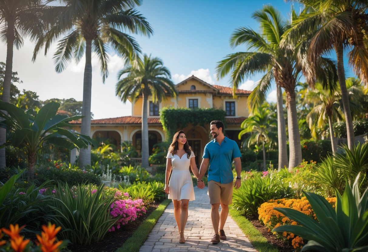 A couple walking hand-in-hand along a garden path with tropical plants and the Bonnet House visible in the background.