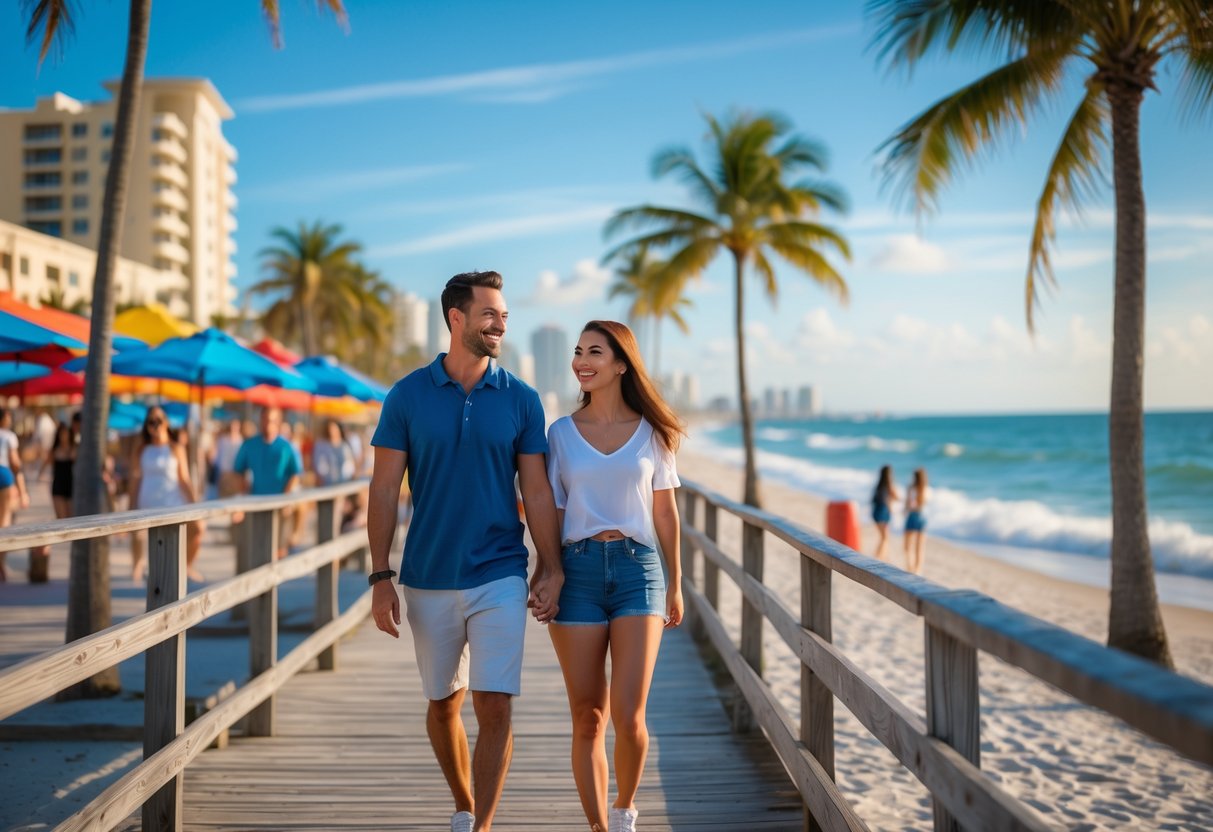 A young couple walking hand-in-hand along a beach boardwalk with palm trees and ocean waves nearby.