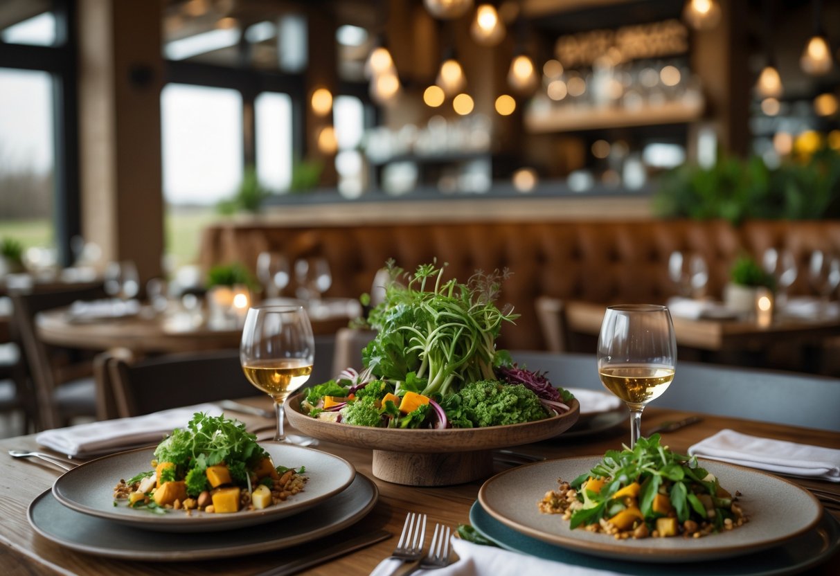 A cozy restaurant table set with fresh seasonal dishes and rustic tableware in a warm, inviting dining space.