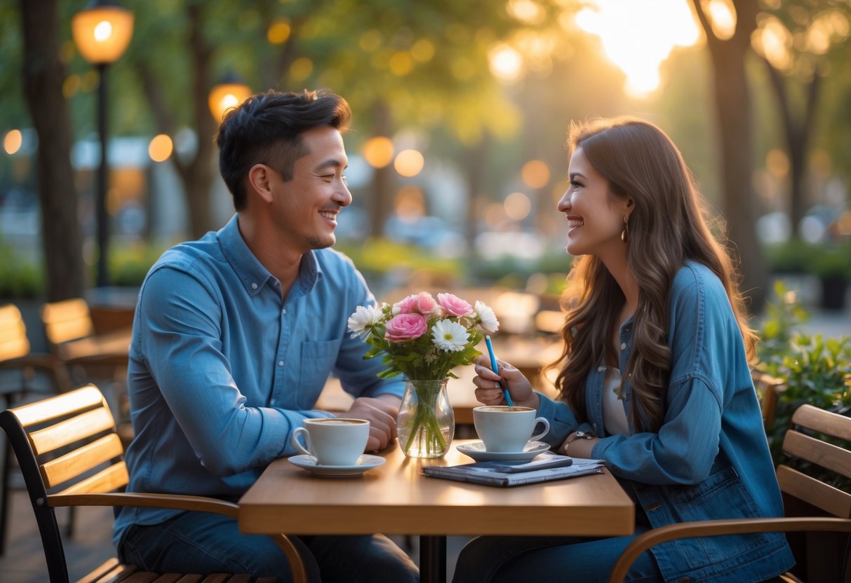A couple sitting at an outdoor café table with coffee and a notebook, smiling and talking while surrounded by greenery.