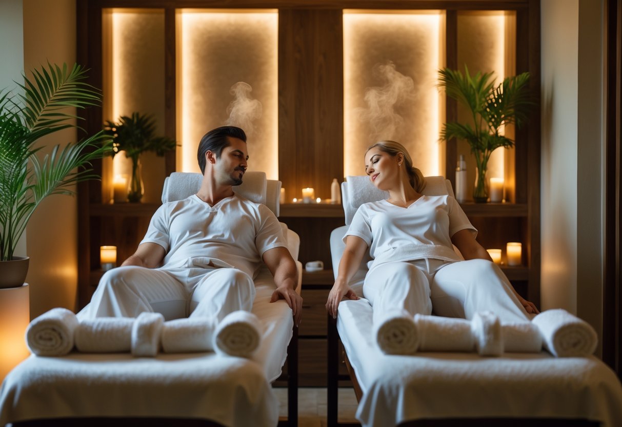 A couple receiving massages side by side in a peaceful spa room with soft lighting and natural decor.