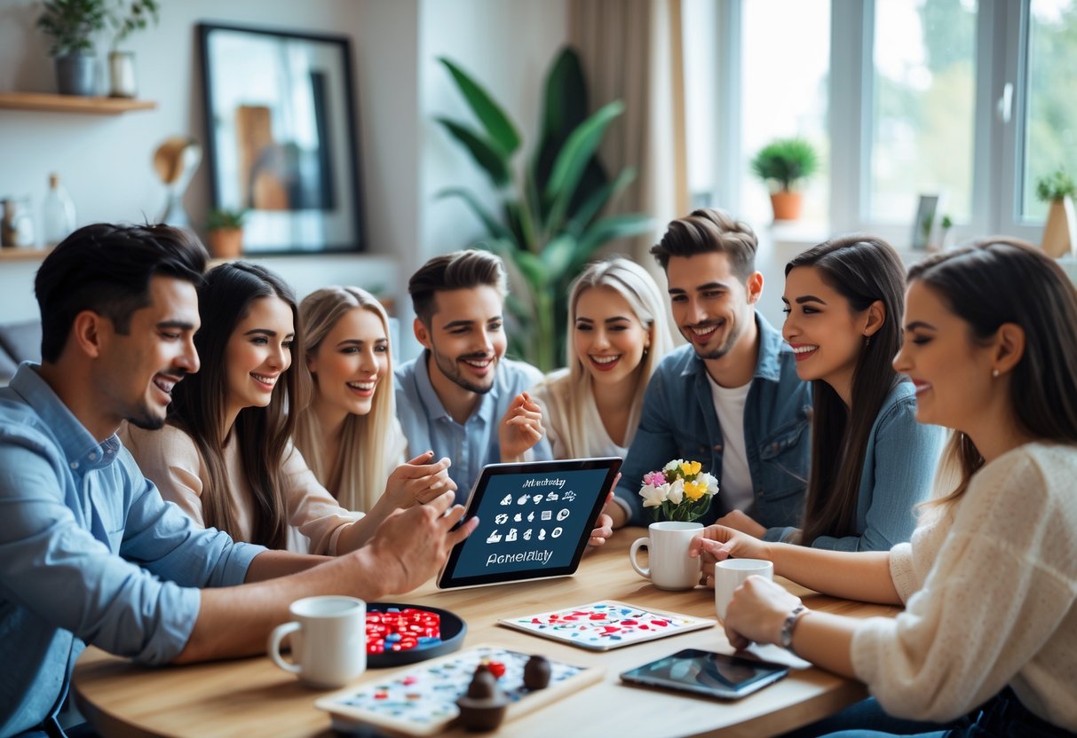 A group of young adults sitting around a table, smiling and looking at a tablet while discussing date ideas.