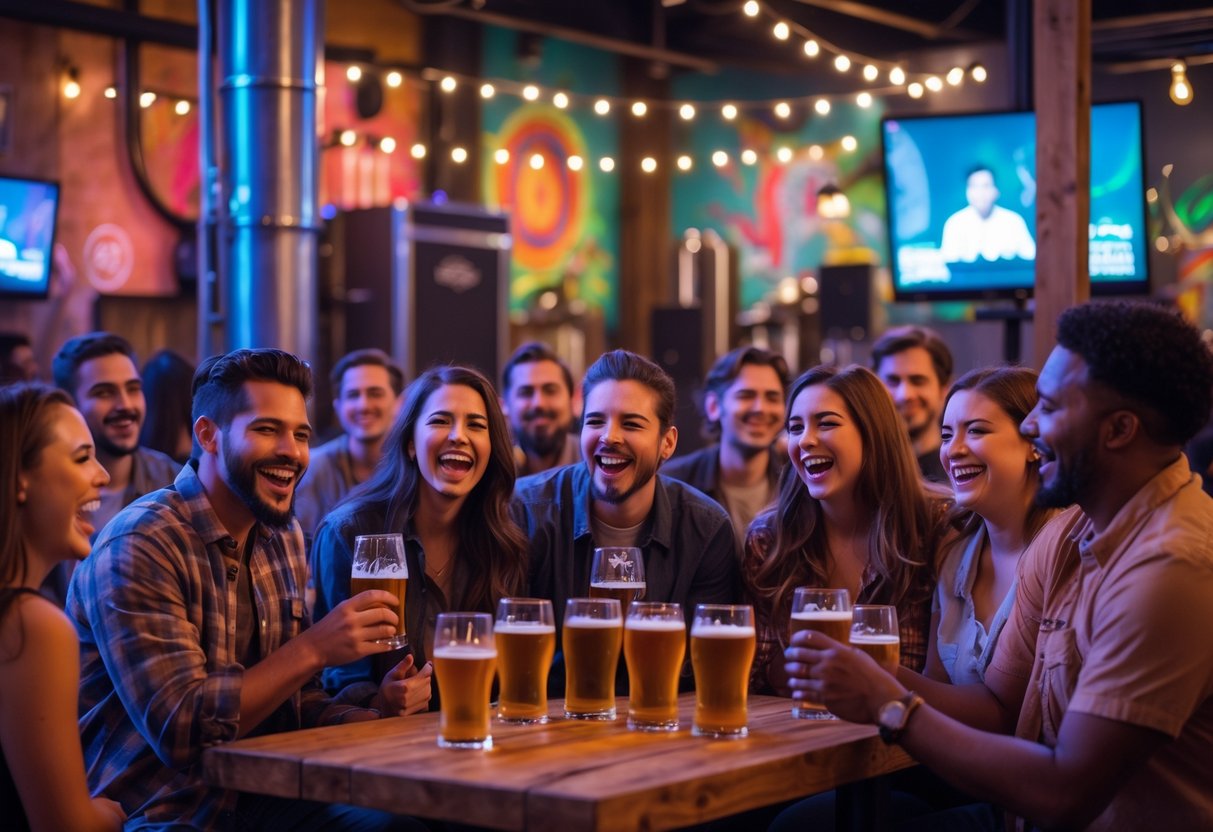 People laughing and enjoying a comedy show at a brewery with drinks on tables and warm lighting.