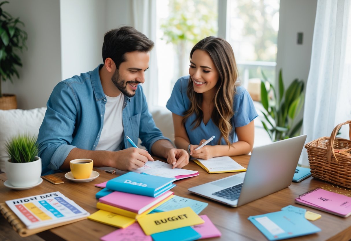 A couple sitting at a table planning date ideas together using notebooks and a laptop, surrounded by items representing affordable date activities.