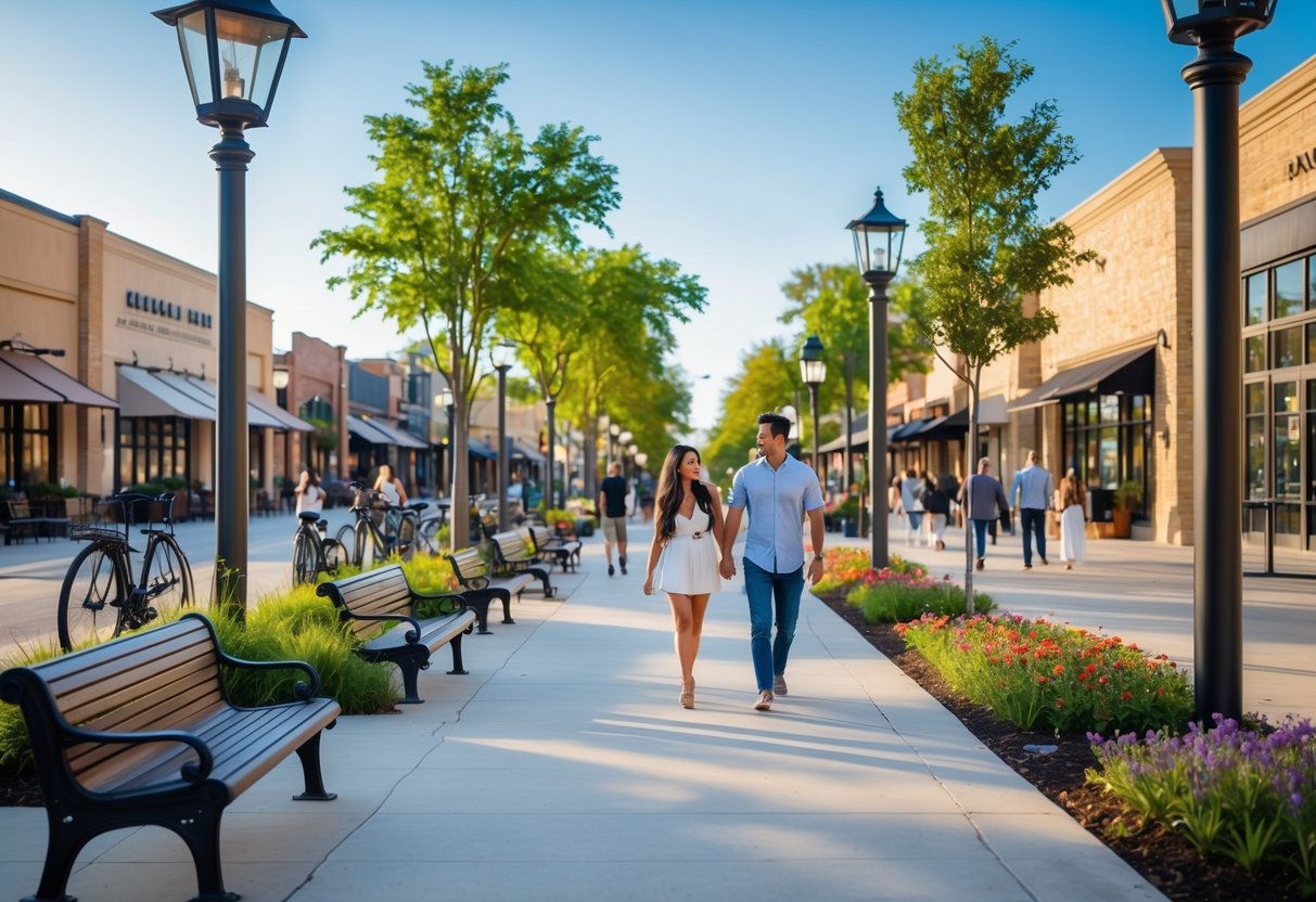 A young couple walking hand-in-hand along a tree-lined pedestrian path in a lively urban square with shops and outdoor cafes.
