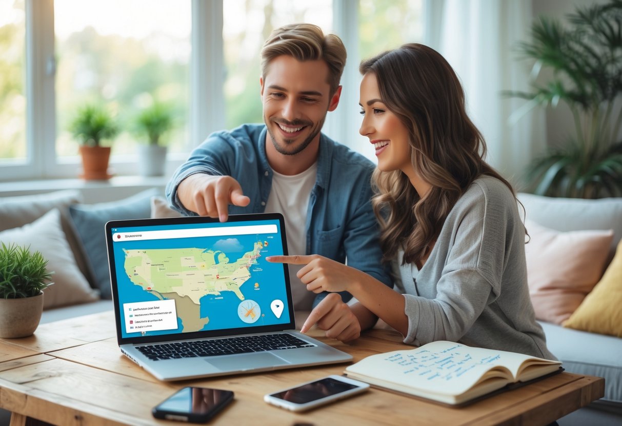 A couple sitting at a table looking at a laptop and smartphone together, planning date ideas in a bright living room.