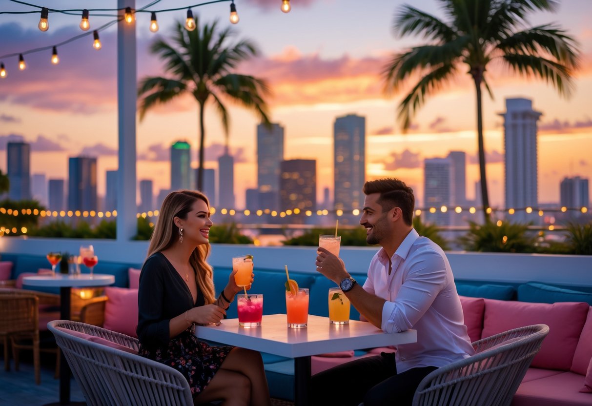 A young couple enjoying drinks together at a rooftop bar during sunset with a city skyline and palm trees in the background.