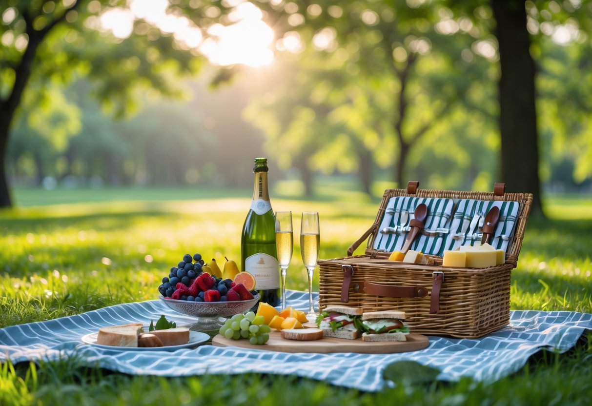 A picnic blanket laid out with food and drinks in a green park with trees in the background.