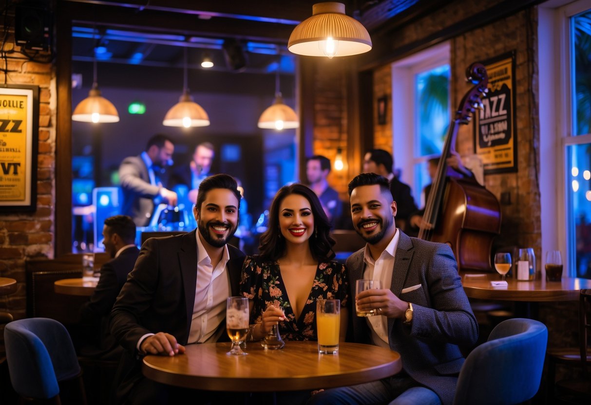 A couple enjoying live jazz music at a cozy jazz club with a band performing on stage and warm ambient lighting.