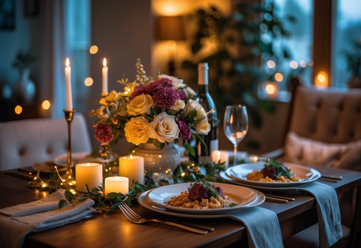 A home dining table set for two with candles, flowers, wine, and a plated meal in a softly lit room.