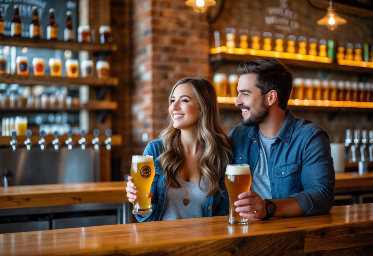 A young couple enjoying craft beers together at a cozy brewery bar with warm lighting and rustic decor.