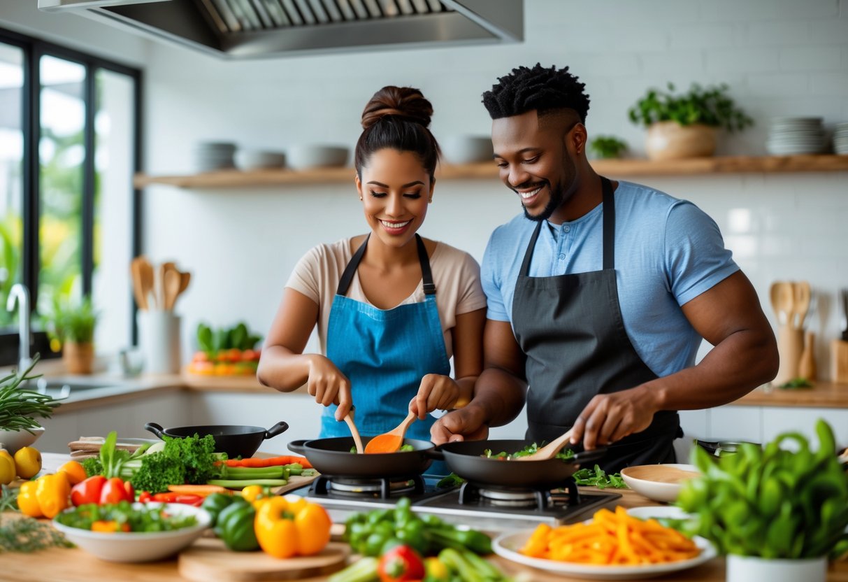 A couple cooking together in a bright kitchen with fresh ingredients and an instructor guiding them.
