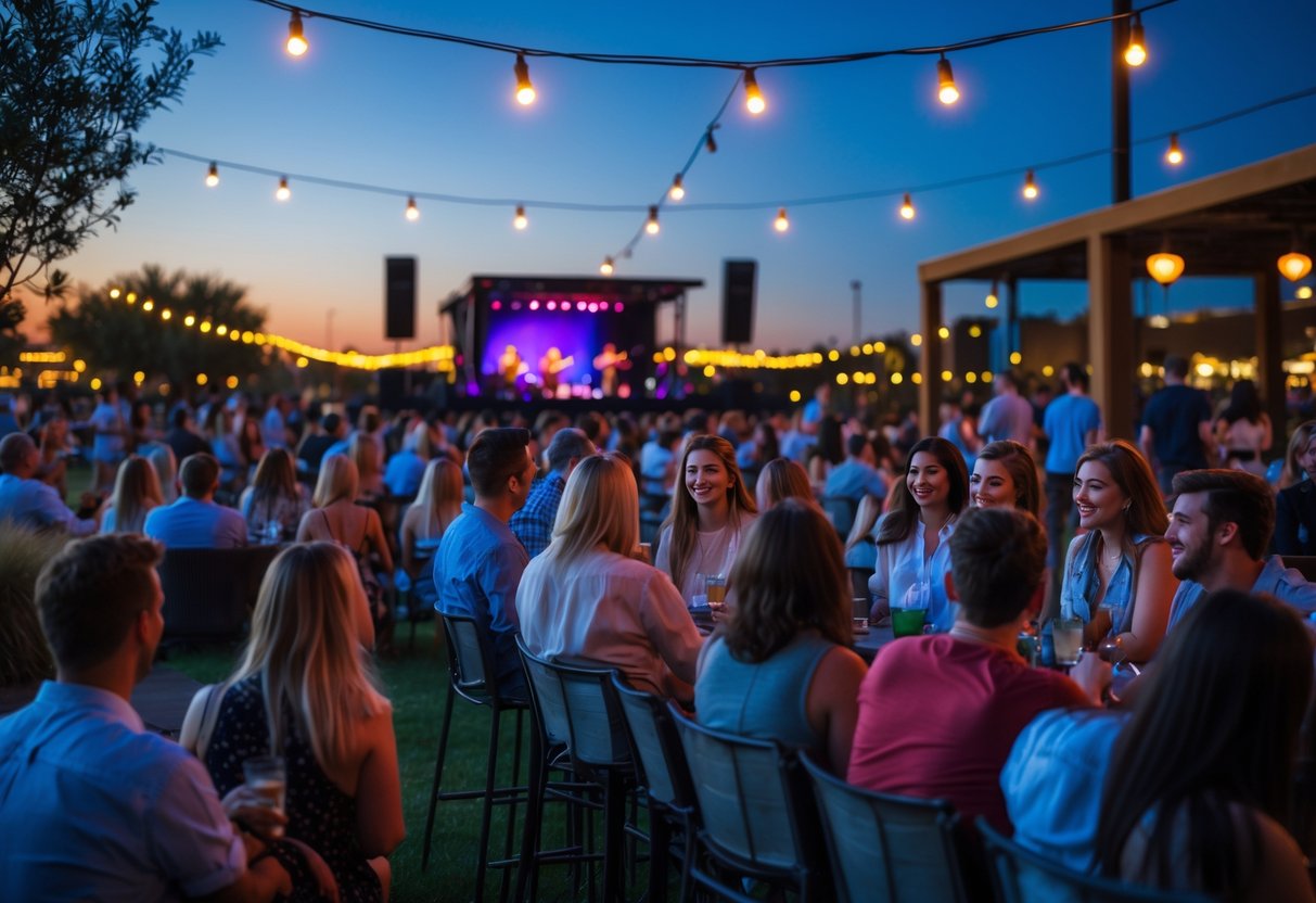 People enjoying an outdoor concert at The Star venue in Frisco, Texas during the evening.