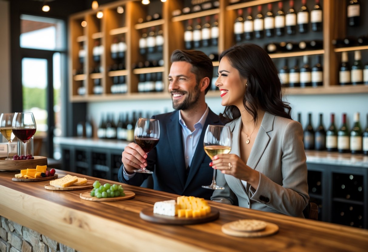 A couple enjoying wine tasting together at a wine and spirits shop with shelves of wine bottles in the background.