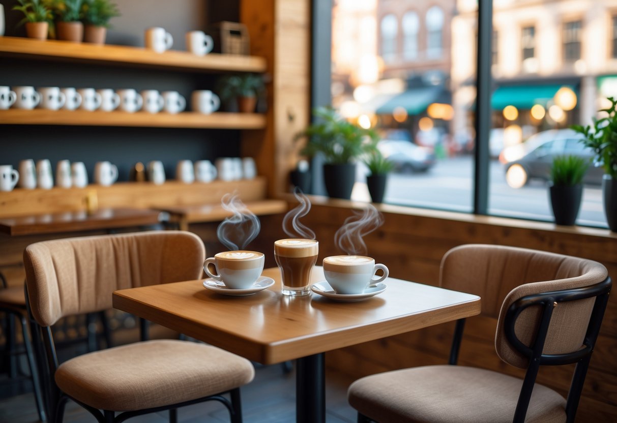 A cozy coffee shop table set for two with steaming coffee cups and warm natural light coming through large windows.