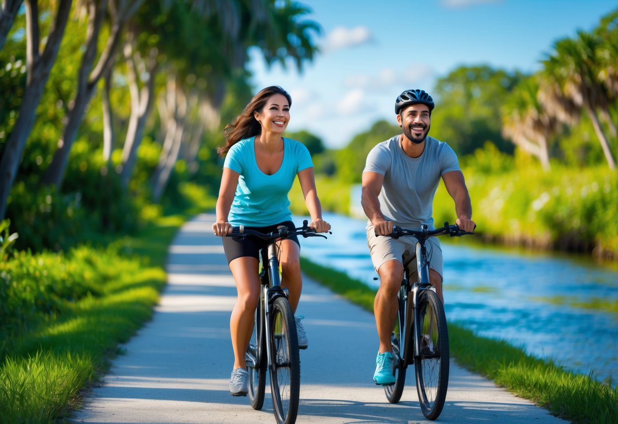A couple cycling together on a paved trail surrounded by green trees and a river under a clear blue sky.