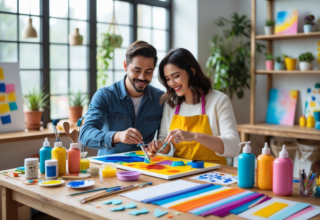 A couple working together on an art project at a table filled with painting and crafting supplies in a bright studio.