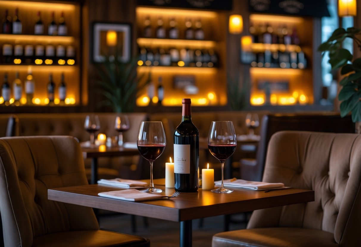 A cozy wine bar with tables set for two, wine glasses, candles, and shelves of wine bottles in a warm, inviting atmosphere.