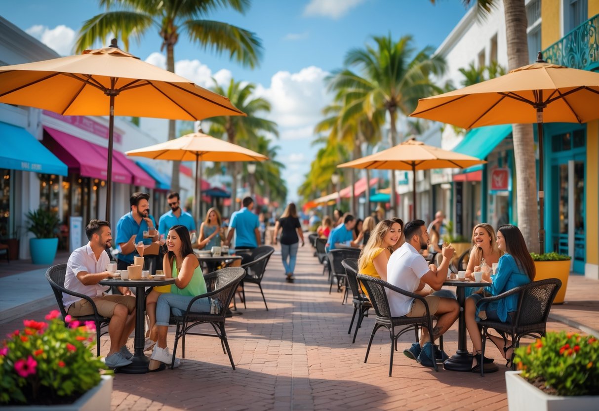 People enjoying coffee and conversation at outdoor café tables along a palm-lined street in Fort Lauderdale.