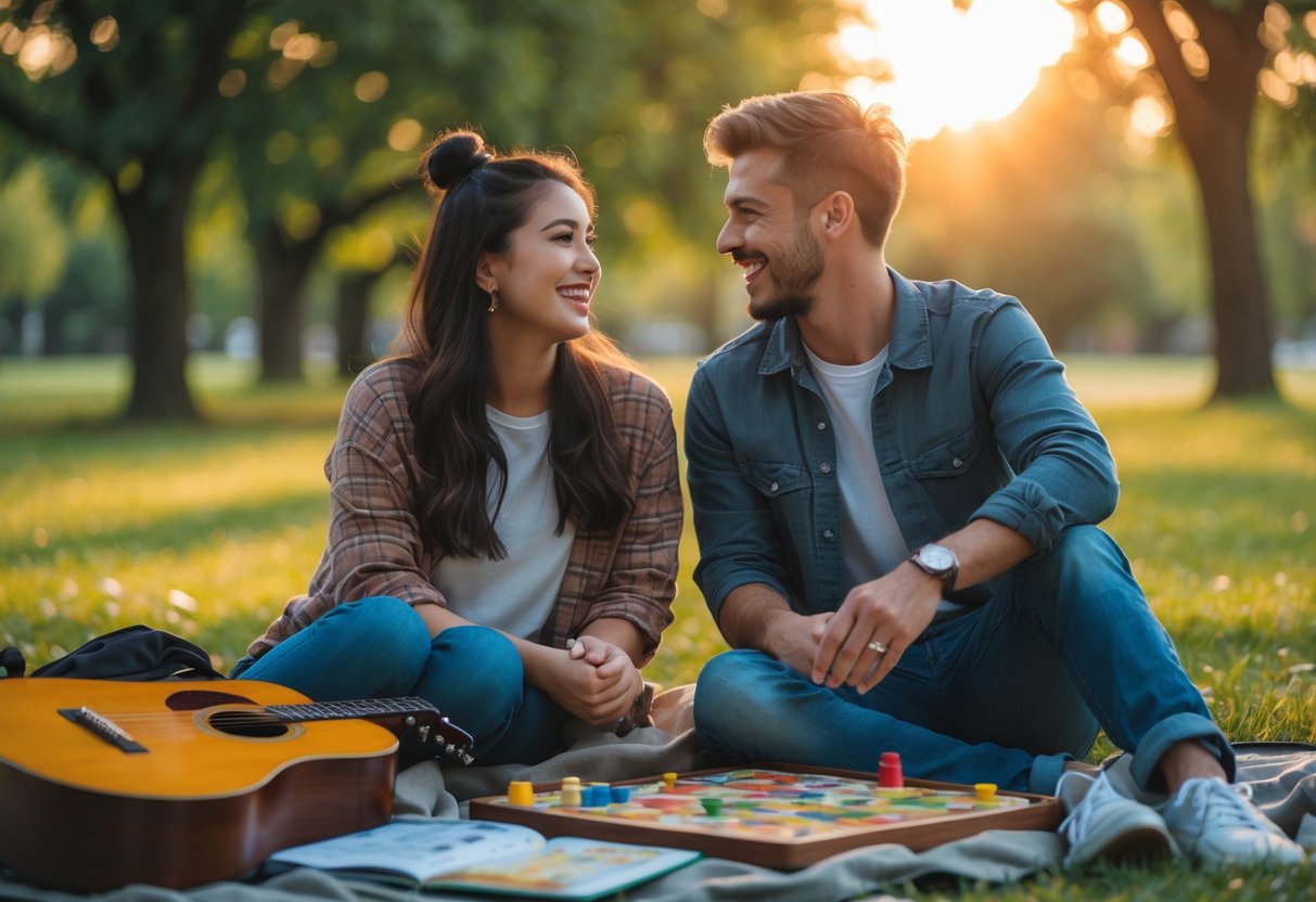 A young couple sitting on a picnic blanket in a park, enjoying each other's company surrounded by items representing different hobbies.